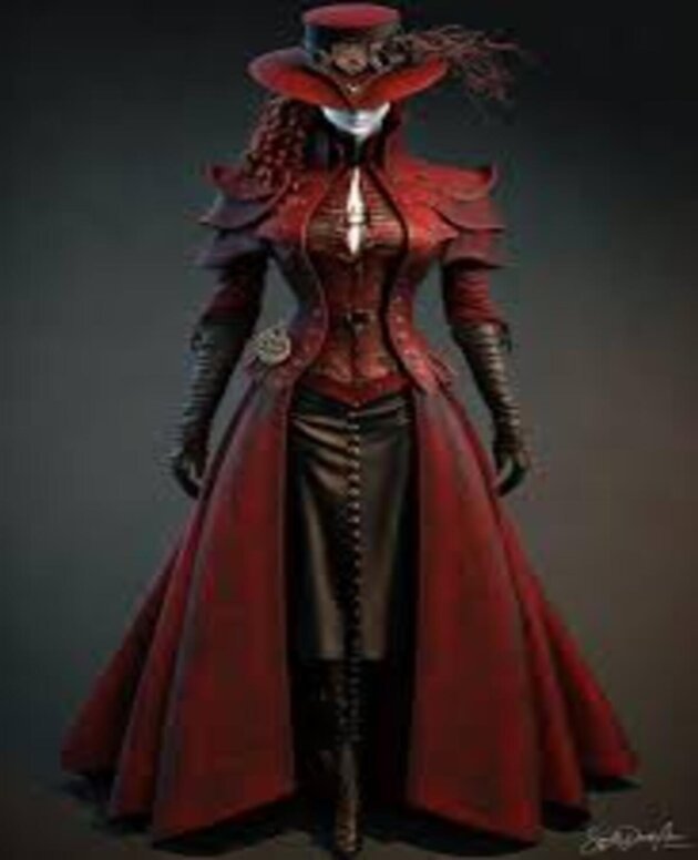 Striking Victorian-inspired outfit with a sculpted red coat, high leather boots, and a dramatic top hat adorned with feathers.