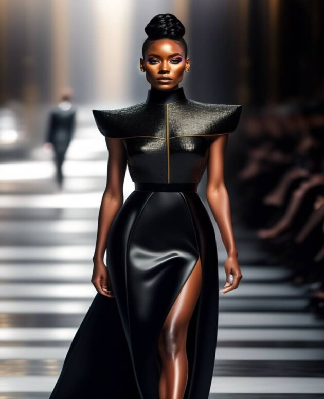 Futuristic black evening gown with structured shoulders, metallic bodice, and a dramatic high-slit skirt.
